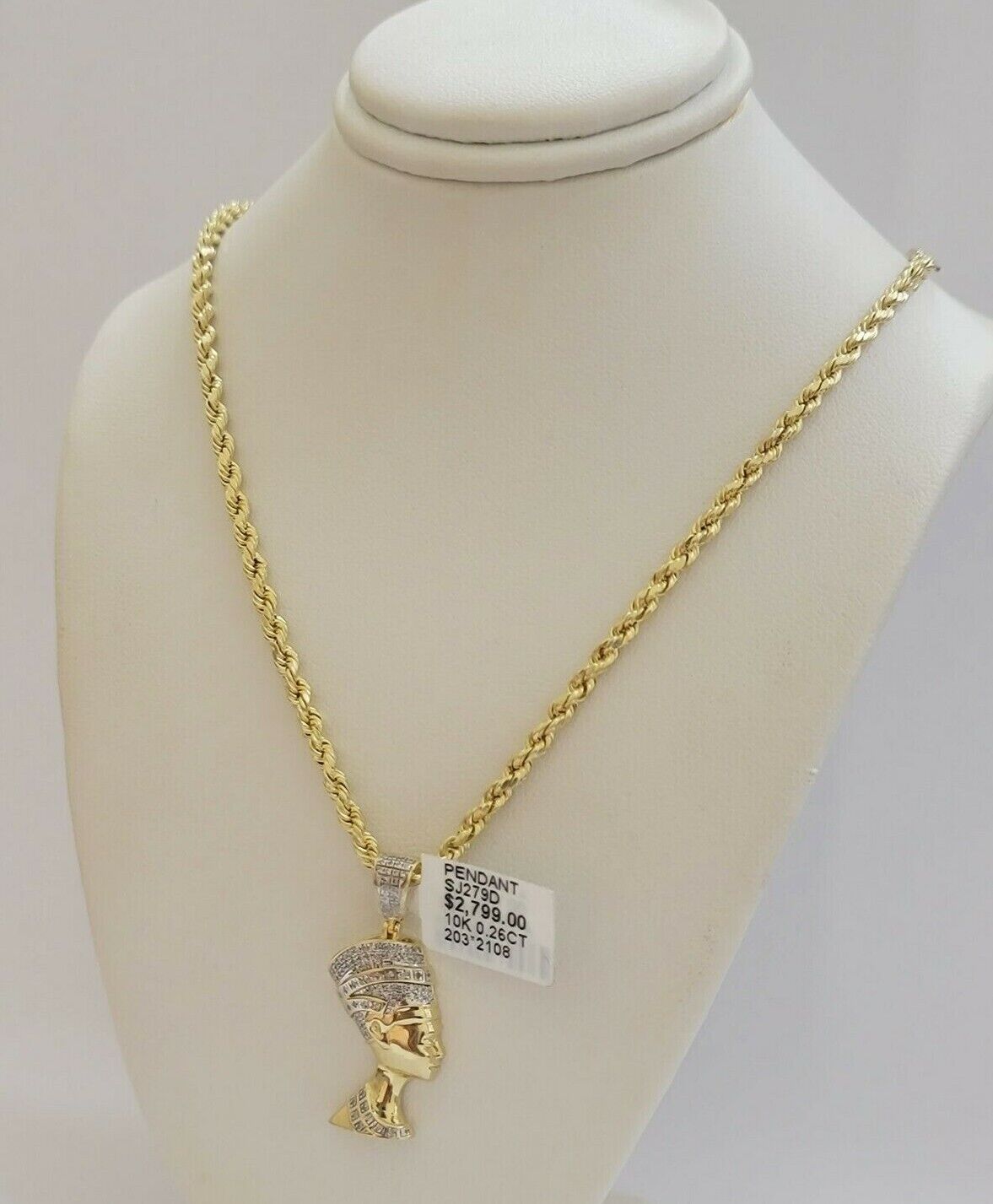 REAL 10k Gold Rope Chain Diamond Pendant Pharaoh Head SET 3mm Necklace 18" - 28" - Reva Jeweler