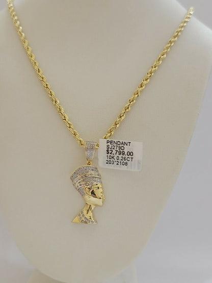REAL 10k Gold Rope Chain Diamond Pendant Pharaoh Head SET 3mm Necklace 18" - 28" - Reva Jeweler