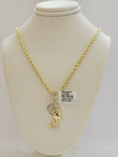 REAL 10k Gold Rope Chain Diamond Pendant Pharaoh Head SET 3mm Necklace 18" - 28" - Reva Jeweler