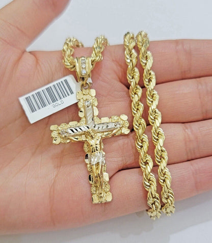 Real 10k Gold Rope Chain Jesus Cross Charm Pendant Set 18 - 28" inch 5mm Necklace - Reva Jeweler