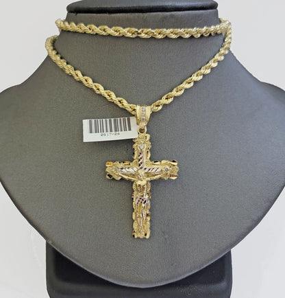 Real 10k Gold Rope Chain Jesus Cross Charm SET 4mm 20'' Necklace & Pendant Men's - Reva Jeweler