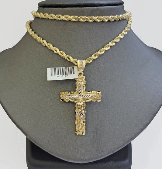 Real 10k Gold Rope Chain Jesus Cross Charm SET 4mm 20'' Necklace & Pendant Men's - Reva Jeweler