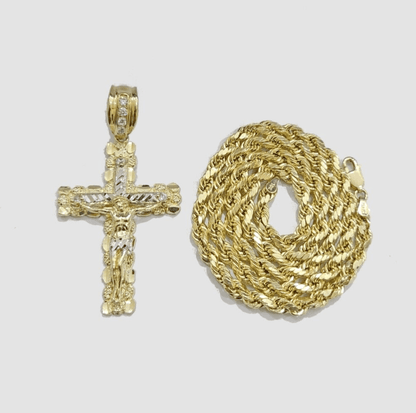 Real 10k Gold Rope Chain Jesus Cross Charm SET 4mm 20'' Necklace & Pendant Men's - Reva Jeweler