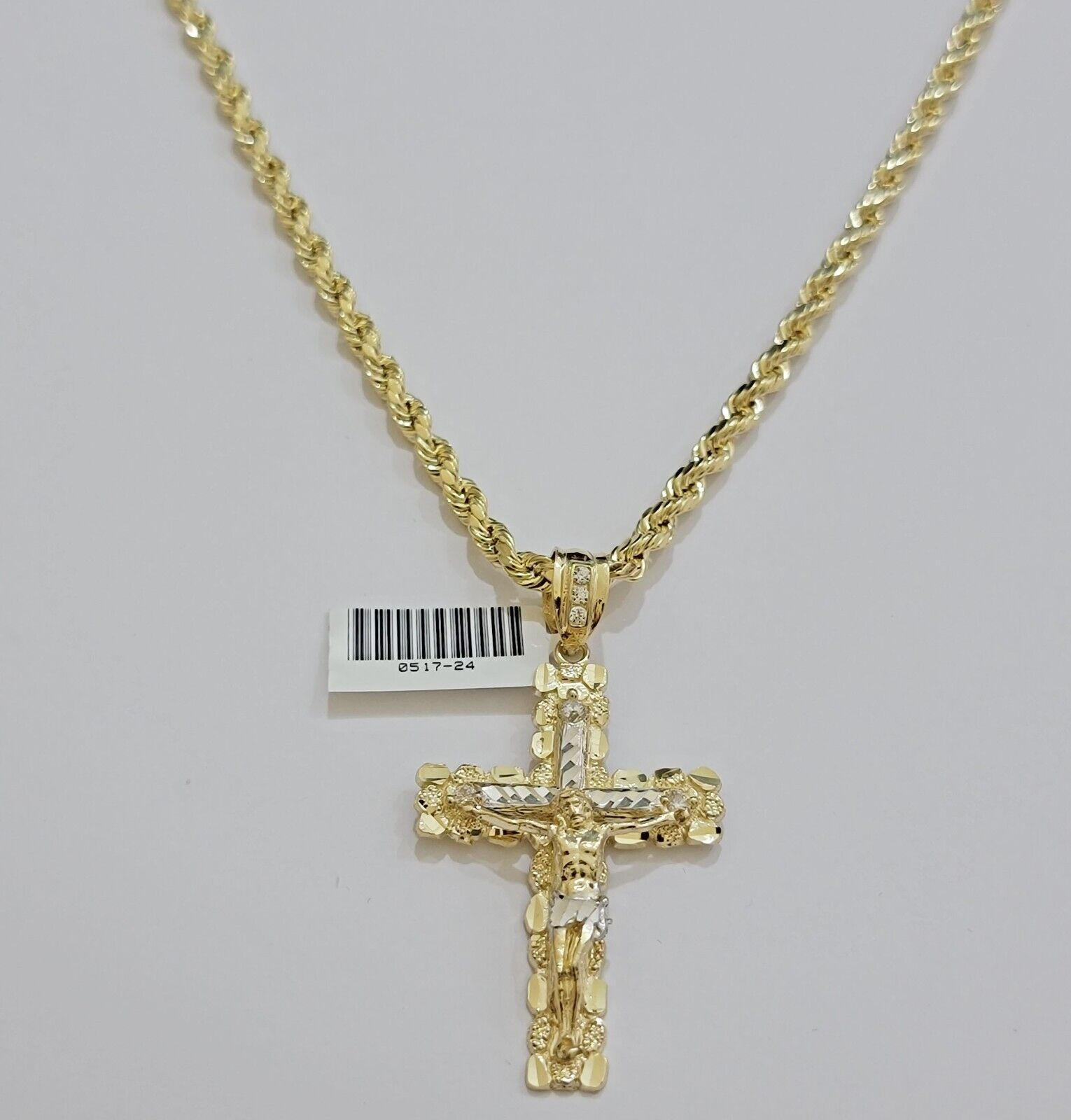 Real 10k Gold Rope Chain Jesus Cross Charm SET 4mm 20'' Necklace & Pendant Men's - Reva Jeweler