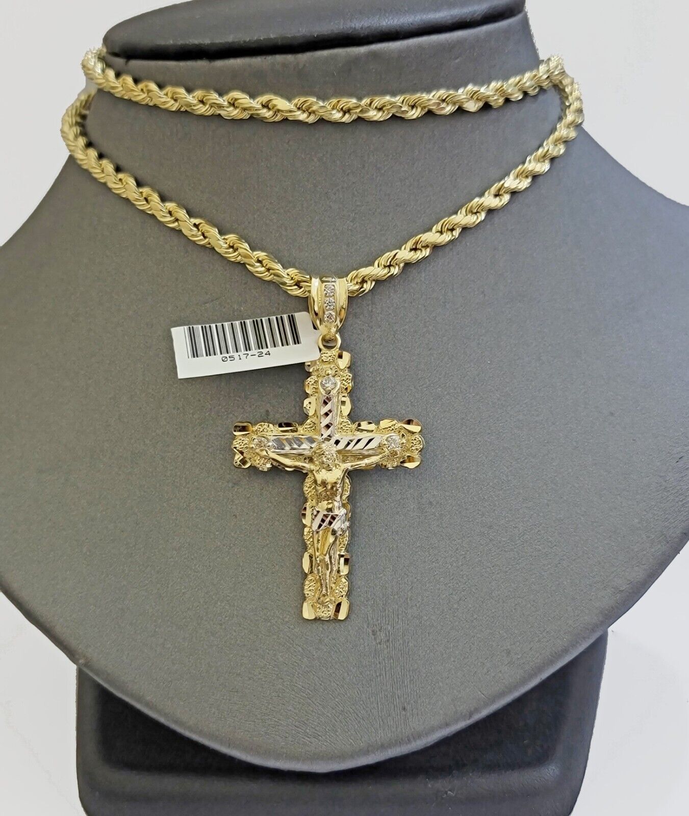 Real 10k Gold Rope Chain Jesus Cross Charm SET 4mm 20'' Necklace & Pendant Men's - Reva Jeweler