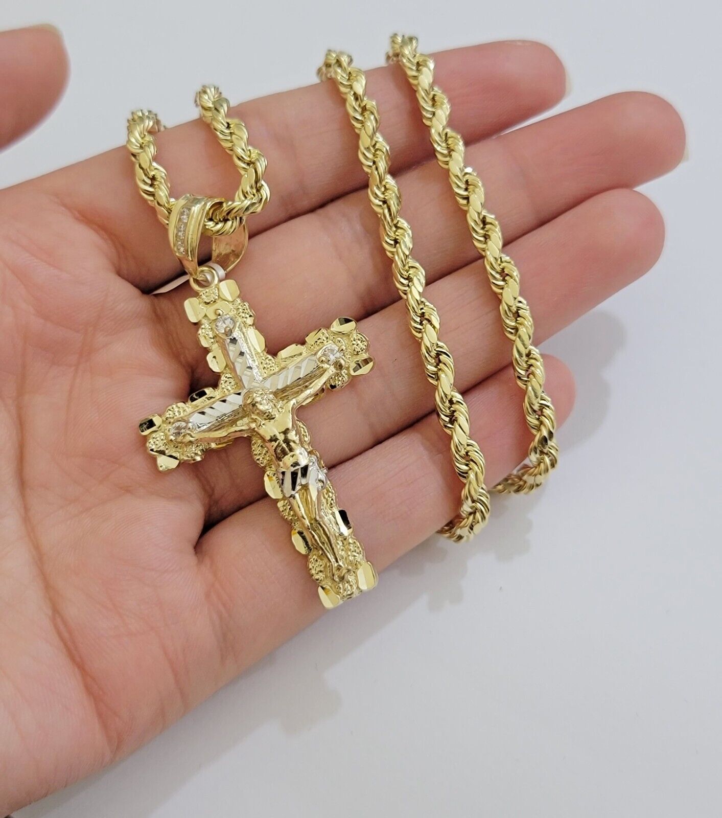 Real 10k Gold Rope Chain Jesus Cross Charm SET 4mm 20'' Necklace & Pendant Men's - Reva Jeweler