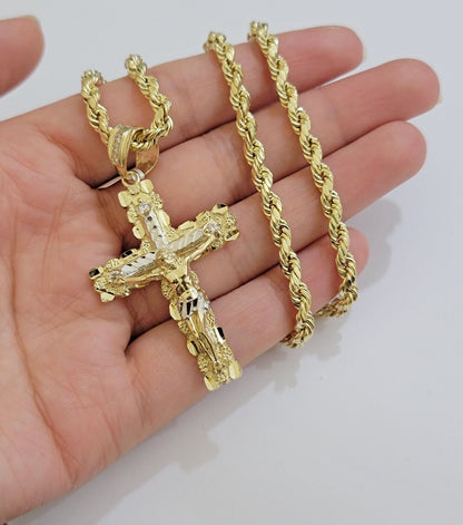 Real 10k Gold Rope Chain Jesus Cross Charm SET 4mm 20'' Necklace & Pendant Men's - Reva Jeweler