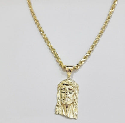 Real 10k Gold Rope Chain & Jesus Face Charm Pendant SET 5mm 18 - 28 inch Necklace - Reva Jeweler