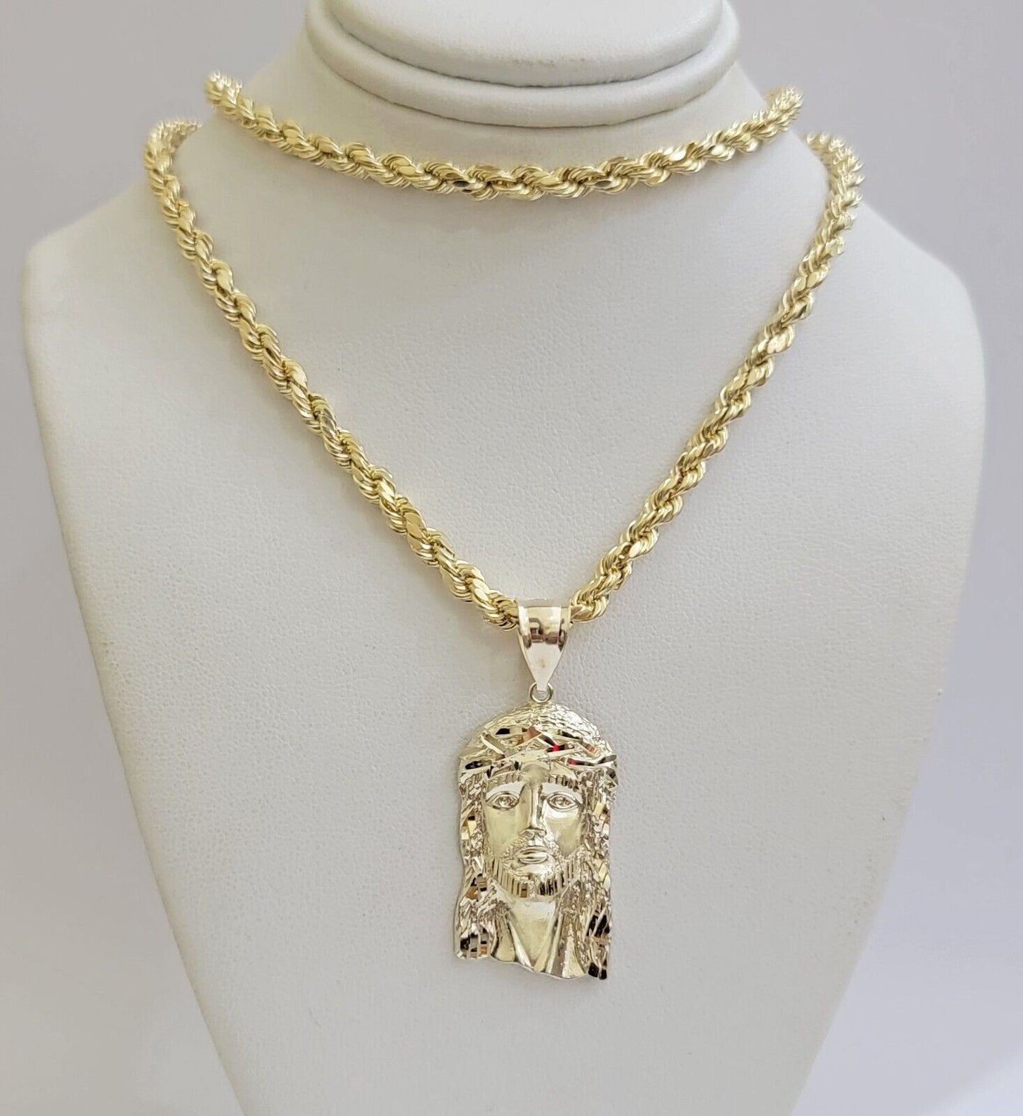 Real 10k Gold Rope Chain & Jesus Face Charm Pendant SET 5mm 18 - 28 inch Necklace - Reva Jeweler