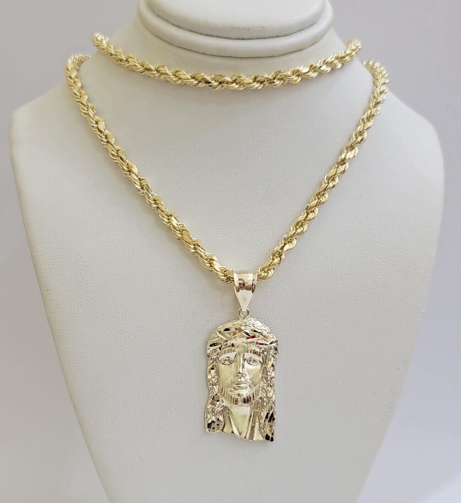 Real 10k Gold Rope Chain & Jesus Face Charm Pendant SET 5mm 18 - 28 inch Necklace - Reva Jeweler