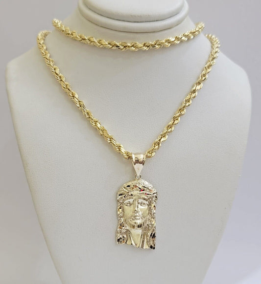 Real 10k Gold Rope Chain & Jesus Face Charm Pendant SET 5mm 18 - 28 inch Necklace - Reva Jeweler
