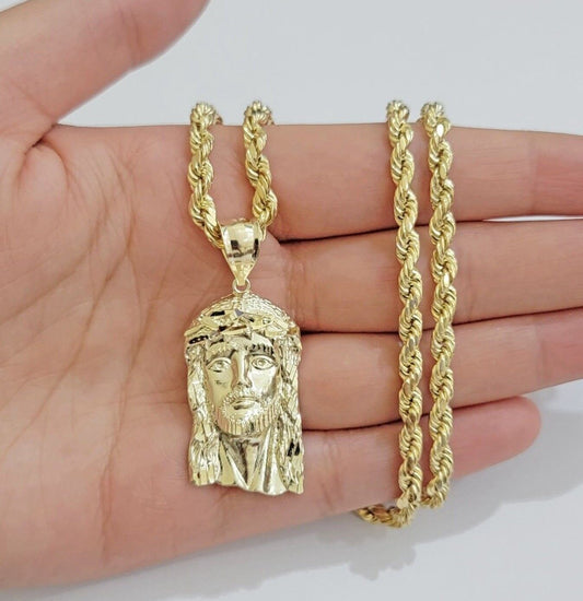 Real 10k Gold Rope Chain & Jesus Face Charm Pendant SET 5mm 18 - 28 inch Necklace - Reva Jeweler