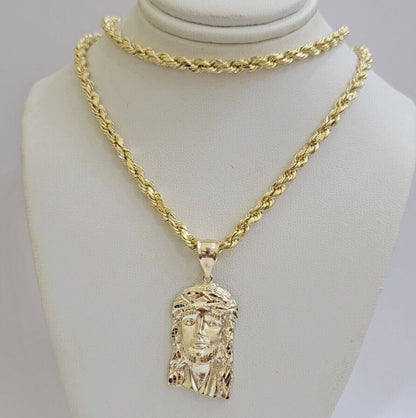 Real 10k Gold Rope Chain & Jesus Face Charm Pendant SET 5mm 18 - 28 inch Necklace - Reva Jeweler
