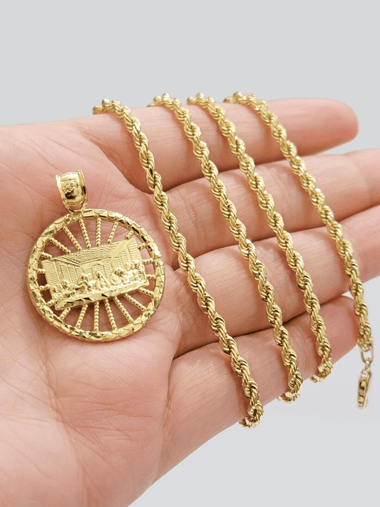 Real 10k Gold Rope Chain Last Supper Pendant Set, 24 Inch 3mm necklace & Charm - Reva Jeweler