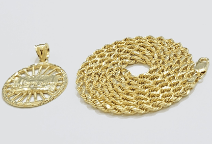 Real 10k Gold Rope Chain Last Supper Pendant Set, 28 Inch 3mm necklace & Charm - Reva Jeweler