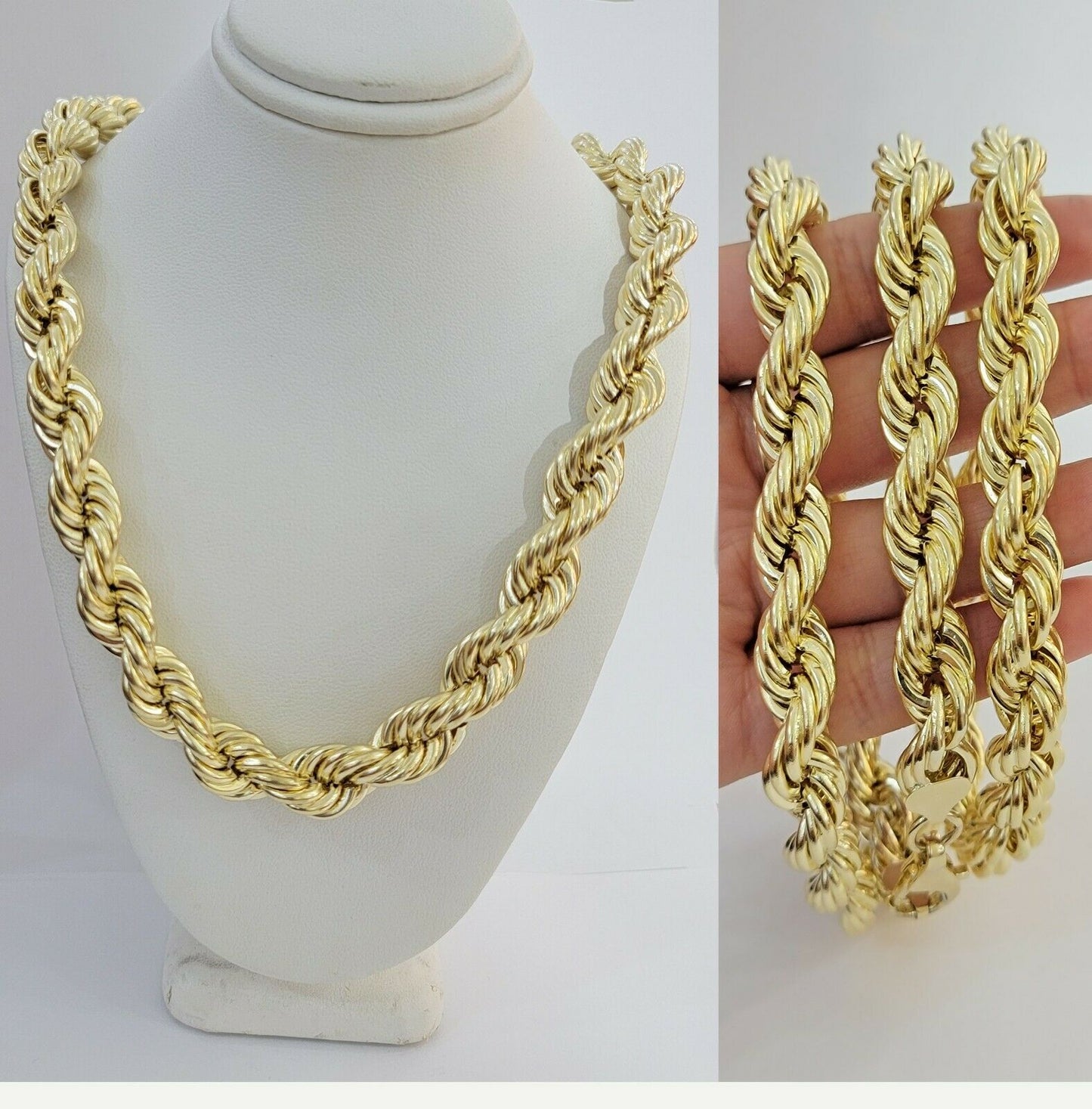 REAL 10k Gold Rope Chain Mens Necklace 12mm 22" 24" 26" 28" 30" 10kt Yellow Gold - Reva Jeweler