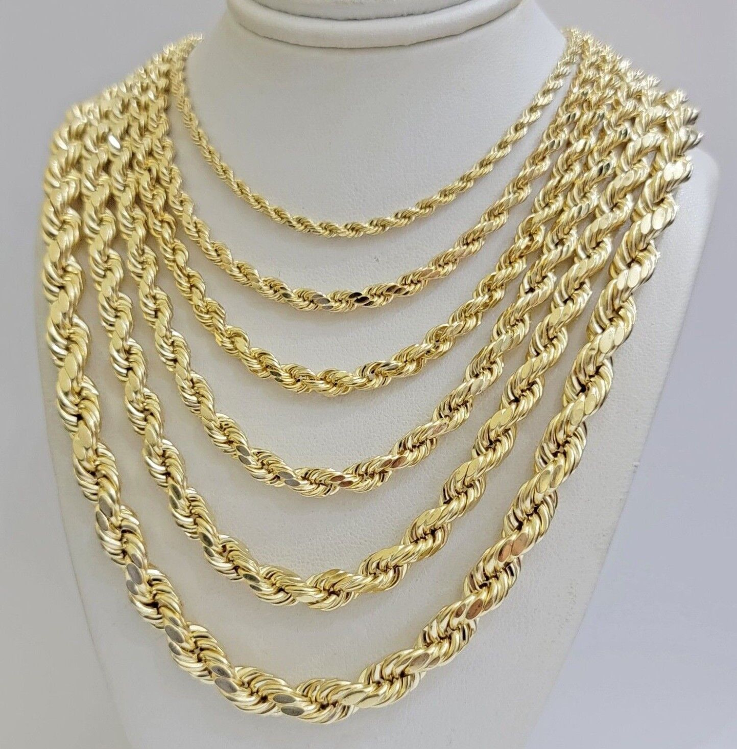 Real 10k Gold Rope Chain Necklace 18 - 30 Inch 3mm to 10mm Diamond Cut 10KT Yellow - Reva Jeweler