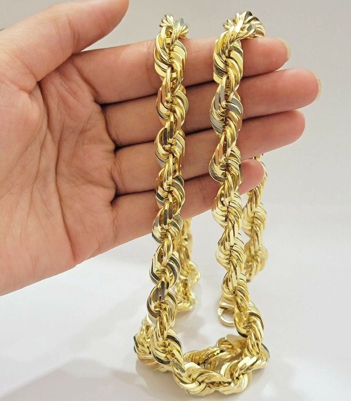 Real 10k Gold Rope Chain Necklace 24Inch 10mm Diamond Cut Men STRONG HEAVY SOLID - Reva Jeweler