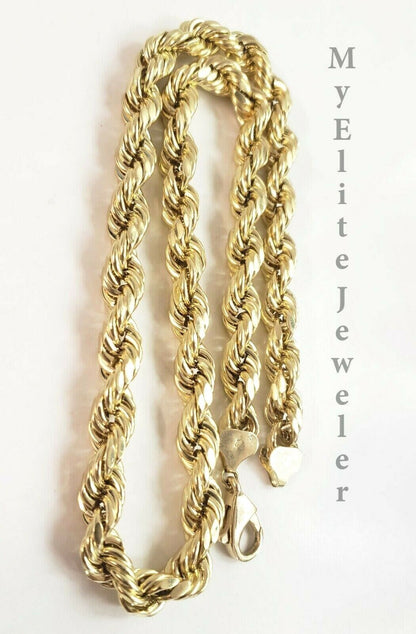 Real 10K Gold Rope Chain Necklace 30 Inch 8mm 10KT Yellow Gold Diamond Cuts Rope - Reva Jeweler