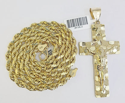 Real 10k Gold Rope Chain Necklace Jesus Cross Charm Pendant Set 20 - 28" inch 5mm - Reva Jeweler