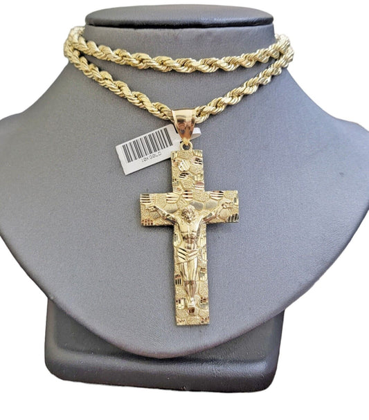 Real 10k Gold Rope Chain Necklace Jesus Cross Charm Pendant Set 20 - 28" inch 5mm - Reva Jeweler