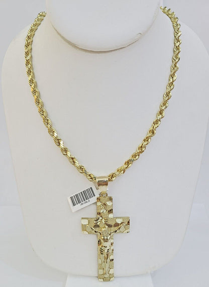 Real 10k Gold Rope Chain Necklace Jesus Cross Charm Pendant Set 20 - 28" inch 5mm - Reva Jeweler