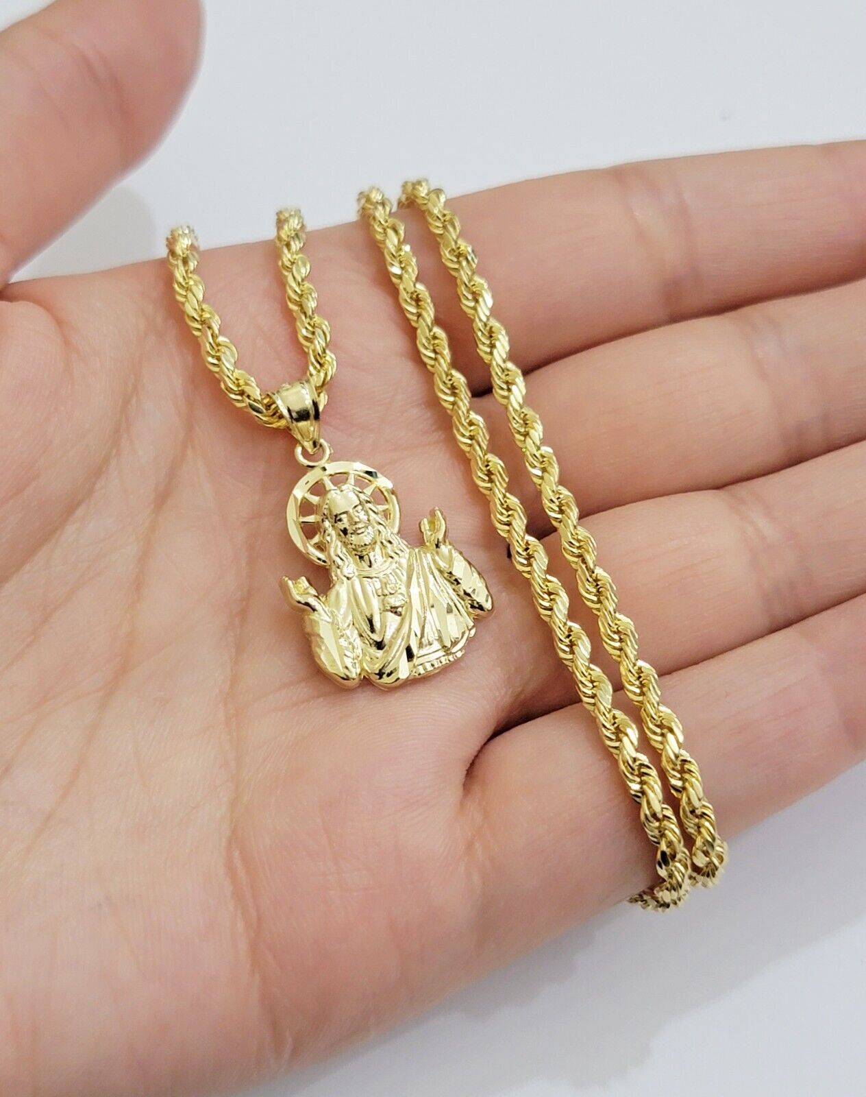 Real 10k gold Rope Chain pendant SET Choose Necklace Length 18 - 28" & Jesus Charm - Reva Jeweler