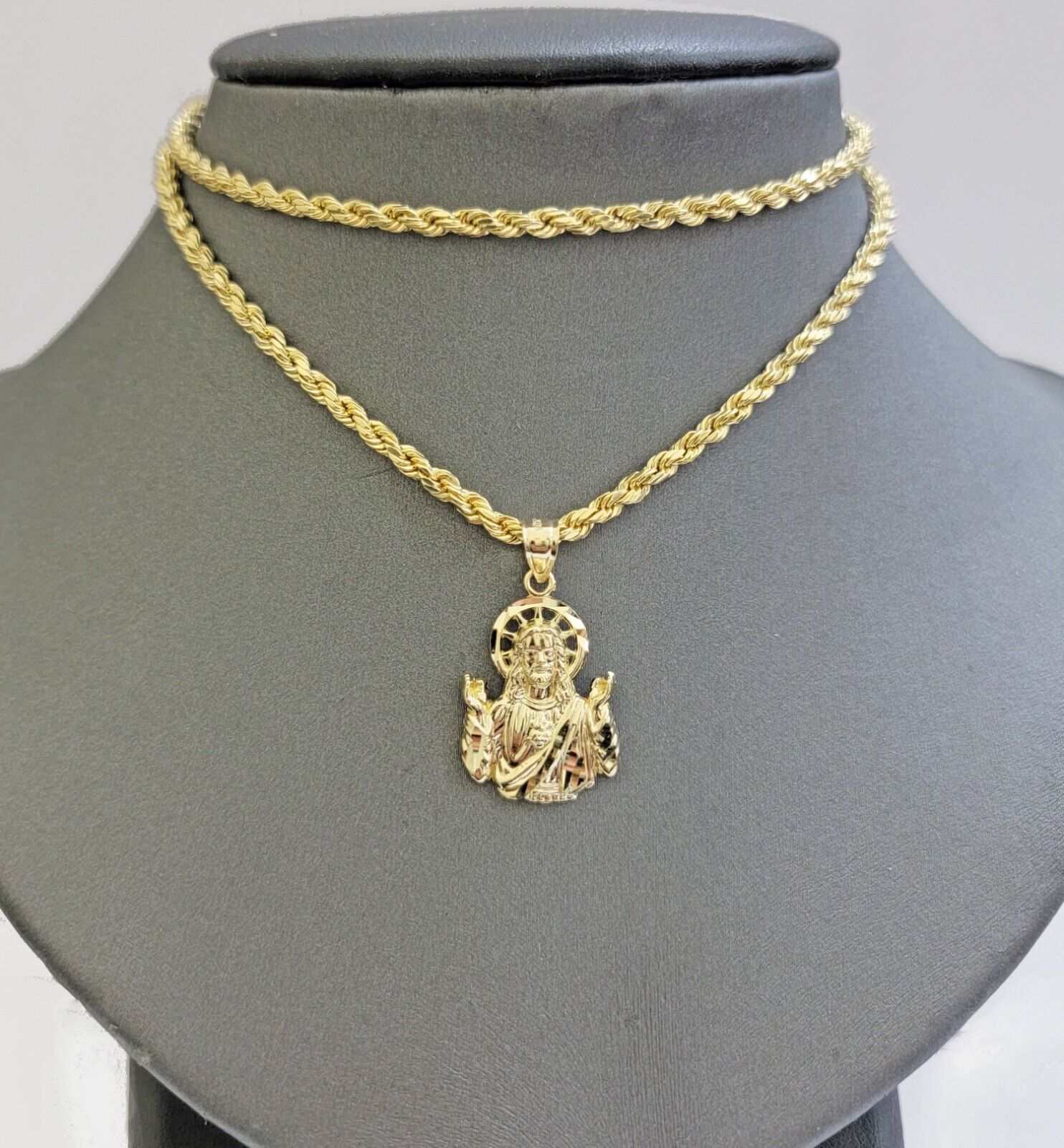 Real 10k gold Rope Chain pendant SET Choose Necklace Length 18 - 28" & Jesus Charm - Reva Jeweler