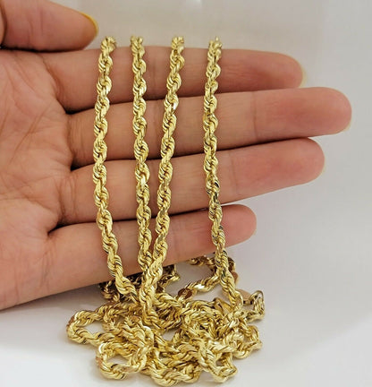 Real 10k Gold Rope Necklace Solid Chain 4mm 18" - 30" Inch REAL 10KT Yellow Gold - Reva Jeweler