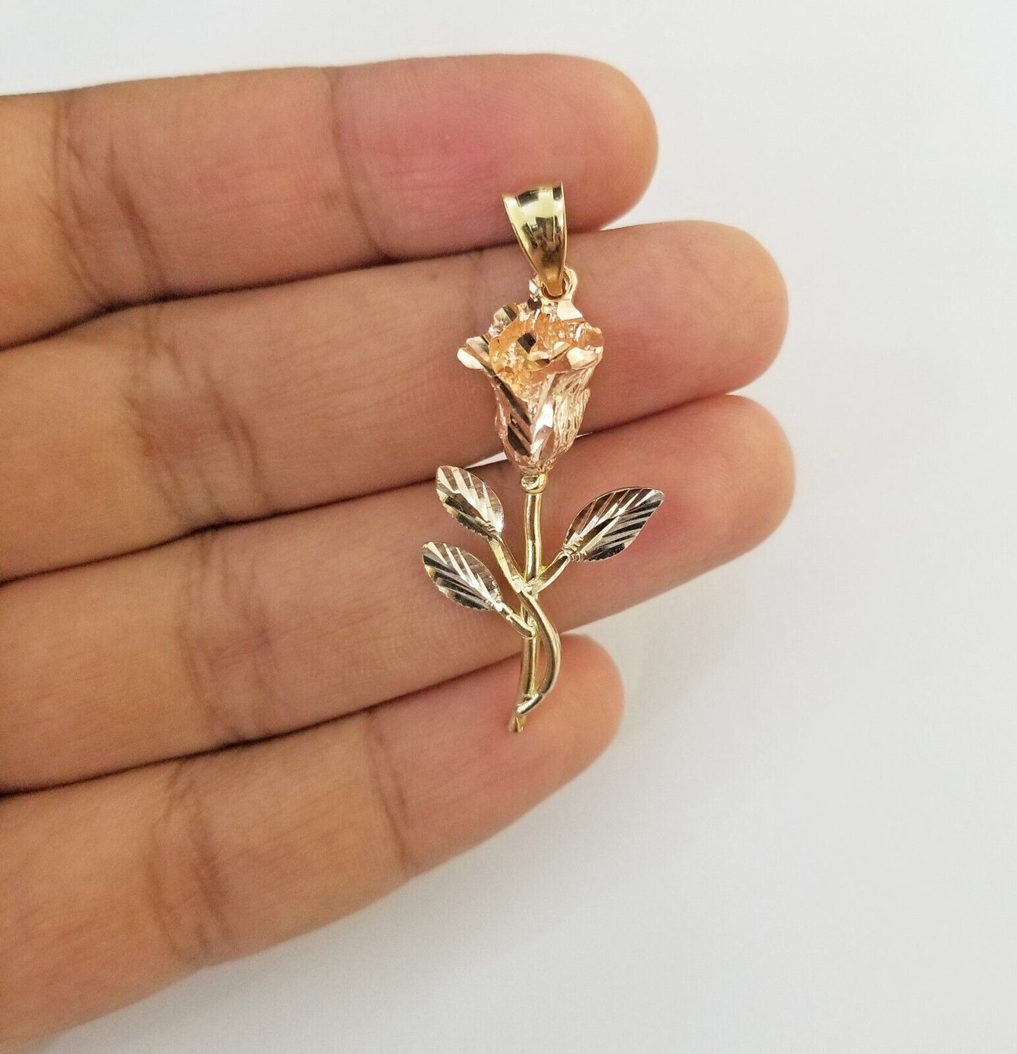 Real 10k Gold Rose Pendant ladies Flower Charm 10kt trio gold Women - Reva Jeweler