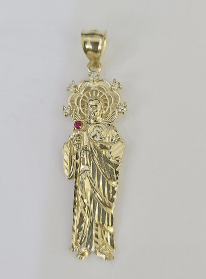 Real 10K Gold Saint Jude Charm Diamond Cut 10kt yellow Gold Pendent 2" - GoldenlinQ