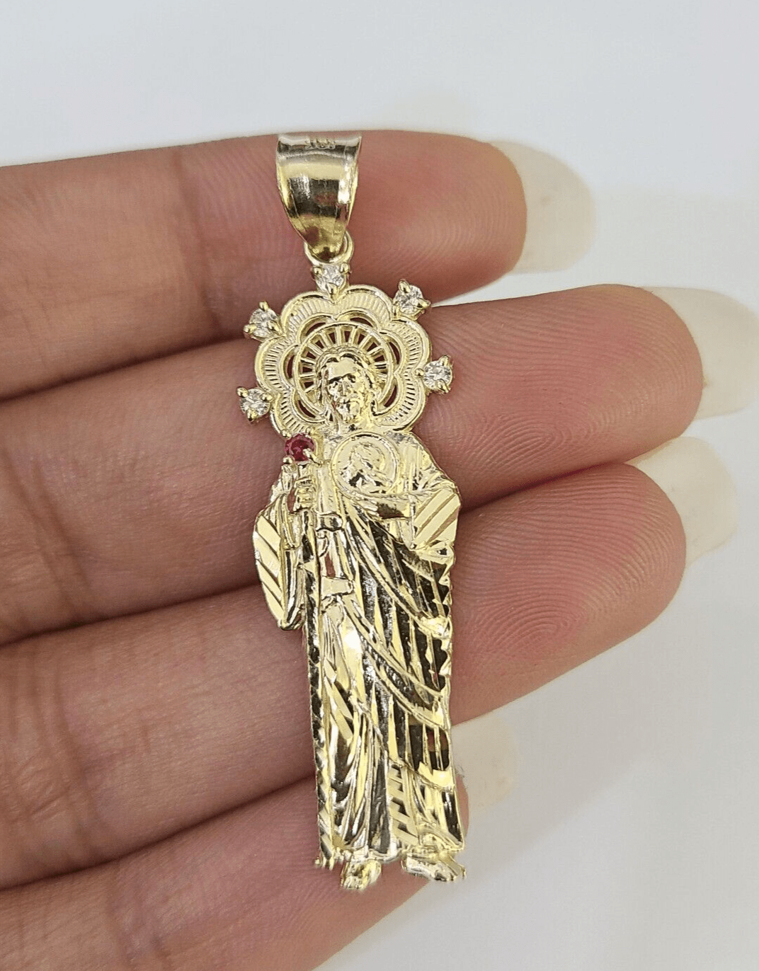 Real 10K Gold Saint Jude Charm Diamond Cut 10kt yellow Gold Pendent 2" - GoldenlinQ