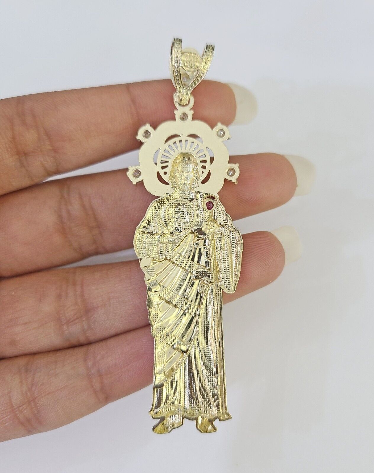 Real 10K Gold Saint Jude Charm Diamond Cut 10kt yellow Gold Pendent 3" - GoldenlinQ