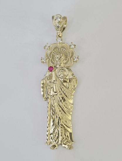 Real 10K Gold Saint Jude Charm Diamond Cut 10kt yellow Gold Pendent 3" - GoldenlinQ