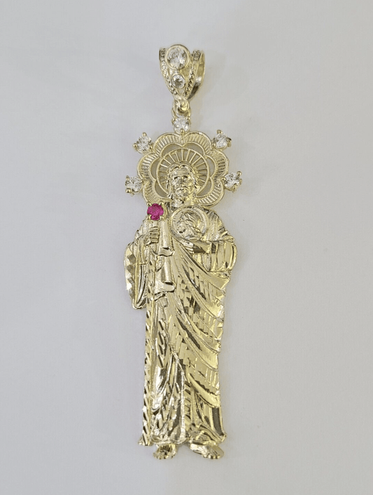 Real 10K Gold Saint Jude Charm Diamond Cut 10kt yellow Gold Pendent 3" - GoldenlinQ