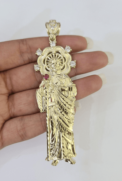 Real 10K Gold Saint Jude Charm Diamond Cut 10kt yellow Gold Pendent 3.5" - GoldenlinQ