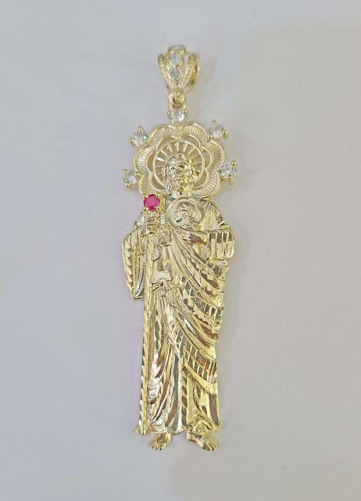 Real 10K Gold Saint Jude Charm Diamond Cut 10kt yellow Gold Pendent 3.5" - GoldenlinQ