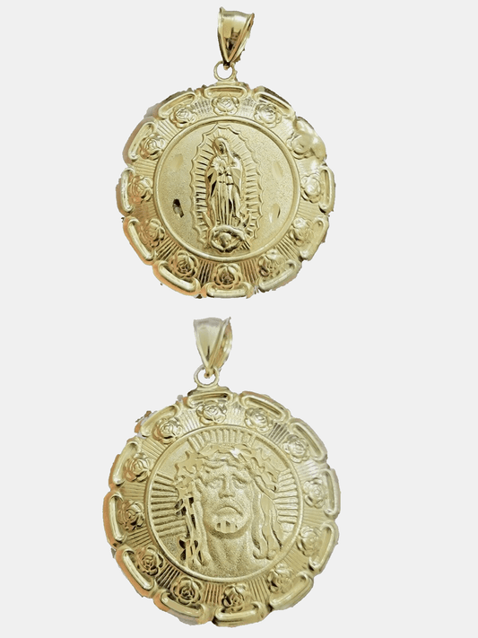 Real 10k Jesus Virgin Mary Charm Pendant Yellow Gold 1.8 Inch Chain Necklace New - Reva Jeweler