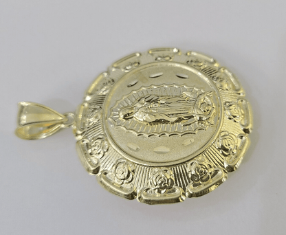 Real 10K Jesus Virgin Mary Pendent Charm Two Sided 10kt yellow Gold 2" Guadalupe - GoldenlinQ
