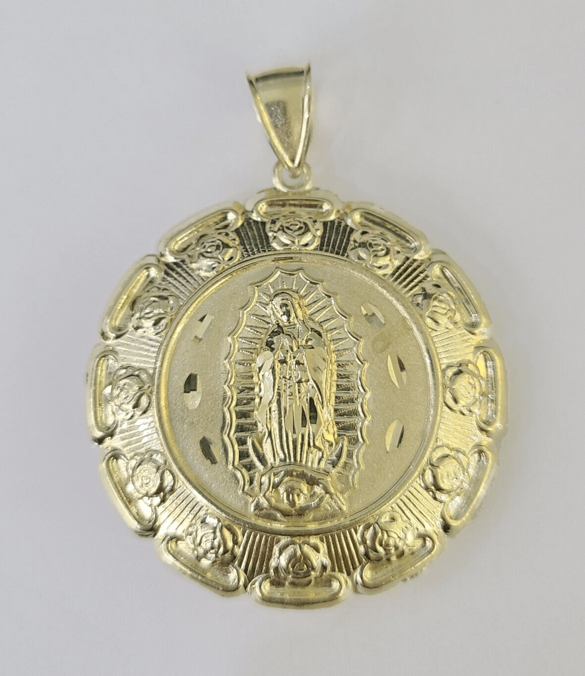 Real 10K Jesus Virgin Mary Pendent Charm Two Sided 10kt yellow Gold 2" Guadalupe - GoldenlinQ