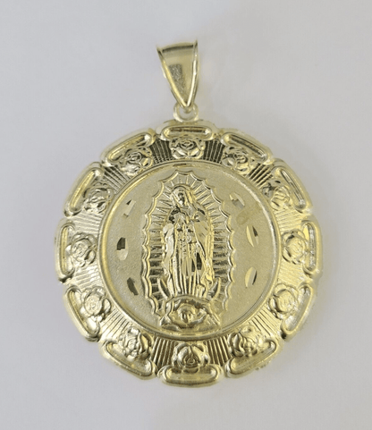 Real 10K Jesus Virgin Mary Pendent Charm Two Sided 10kt yellow Gold 2" Guadalupe - GoldenlinQ