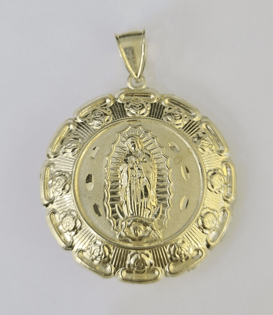 Real 10K Jesus Virgin Mary Pendent Charm Two Sided 10kt yellow Gold 2" Guadalupe - GoldenlinQ