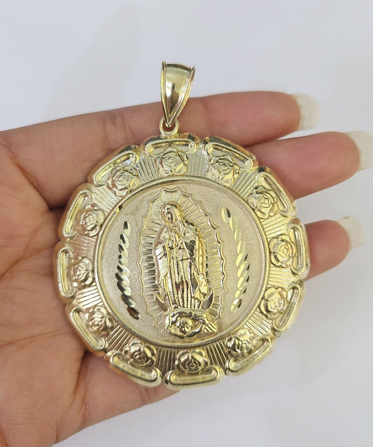 Real 10K Jesus Virgin Mary Pendent Charm Two Sided 10kt yellow Gold 3" Guadalupe - GoldenlinQ