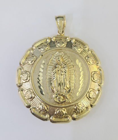 Real 10K Jesus Virgin Mary Pendent Charm Two Sided 10kt yellow Gold 3" Guadalupe - GoldenlinQ