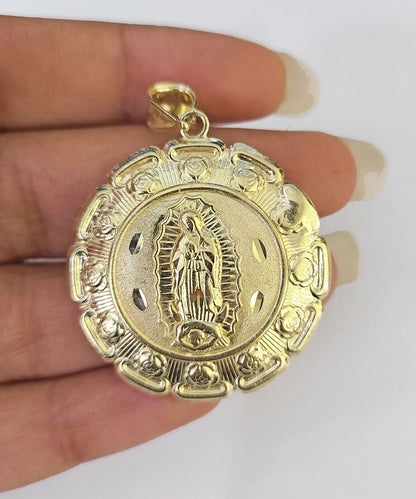 Real 10K Jesus Virgin Mary Pendent Charm Two Sided yellow Gold 1.5" Guadalupe - GoldenlinQ