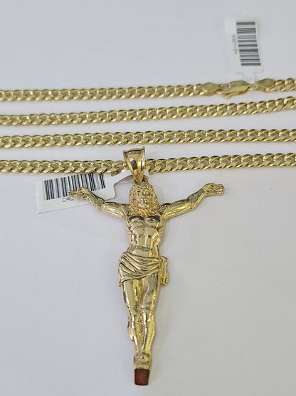 Real 10k Miami Cuban Chain Jesus Charm Set 4mm Yellow Gold Necklace Pendant - GoldenlinQ