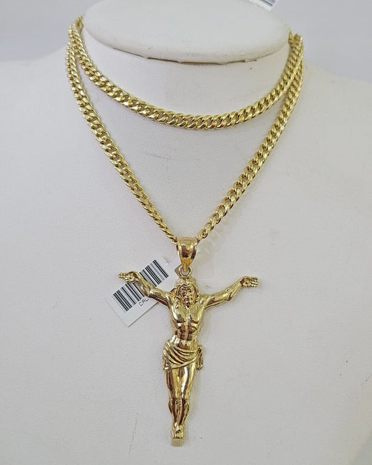 Real 10k Miami Cuban Chain Jesus Charm Set 4mm Yellow Gold Necklace Pendant - GoldenlinQ