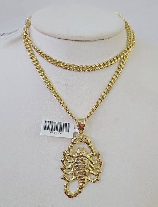 Real 10k Miami Cuban Chain Scorpion Charm Set 4mm Yellow Gold Necklace Pendant - GoldenlinQ