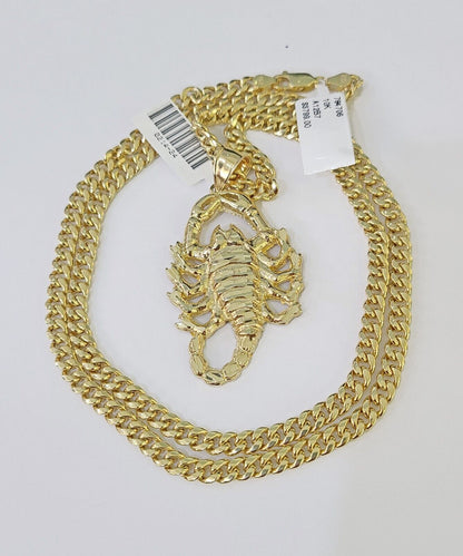 Real 10k Miami Cuban Chain Scorpion Charm Set 4mm Yellow Gold Necklace Pendant - GoldenlinQ