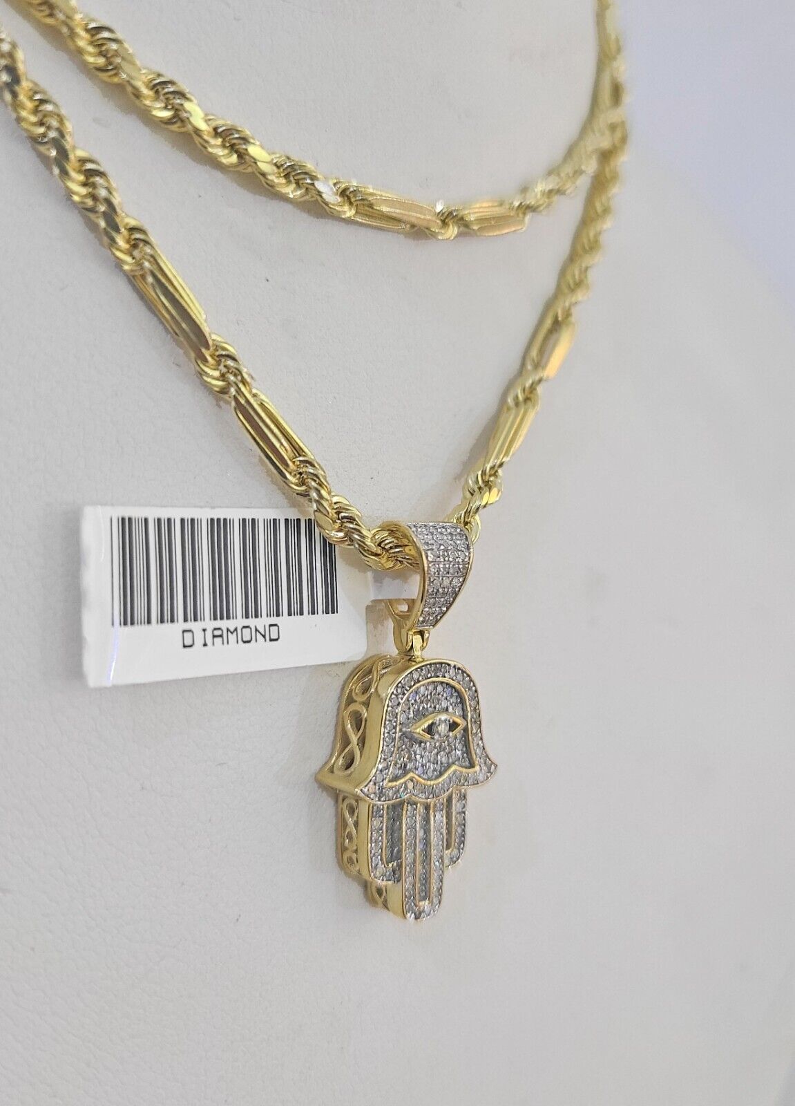 Real 10k Milano Rope Chain Diamond Hamsa Charm Necklace SET 3mm 18" 20" 22" 24" - GoldenlinQ